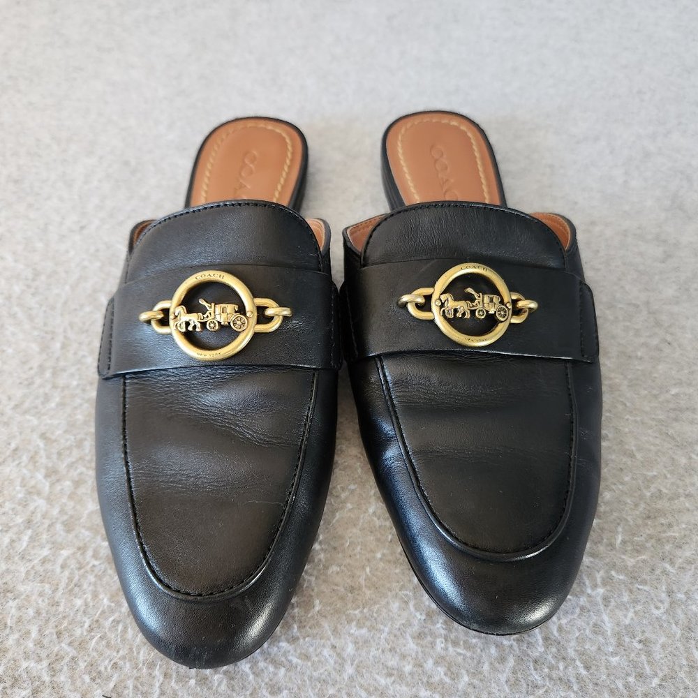 Coach Scotty Black Leather Slide-On Mule Flat Gold Carriage Chain-link - Picture 5 of 12